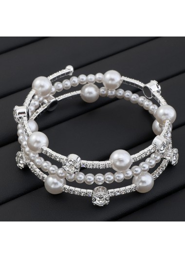 Silvery White Rhinestone Pearl Design Bangle